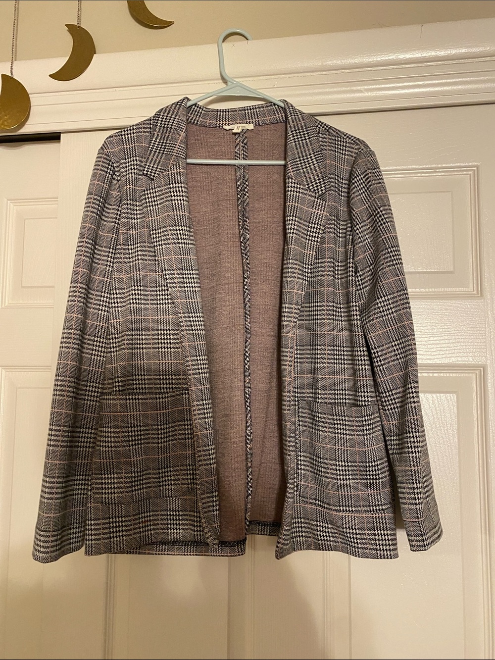 Maurices Plaid Open-Front Blazer in Gray and Pink